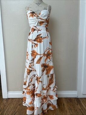 White Maxi Dress with Orange Floral Print, Open Tie Back
